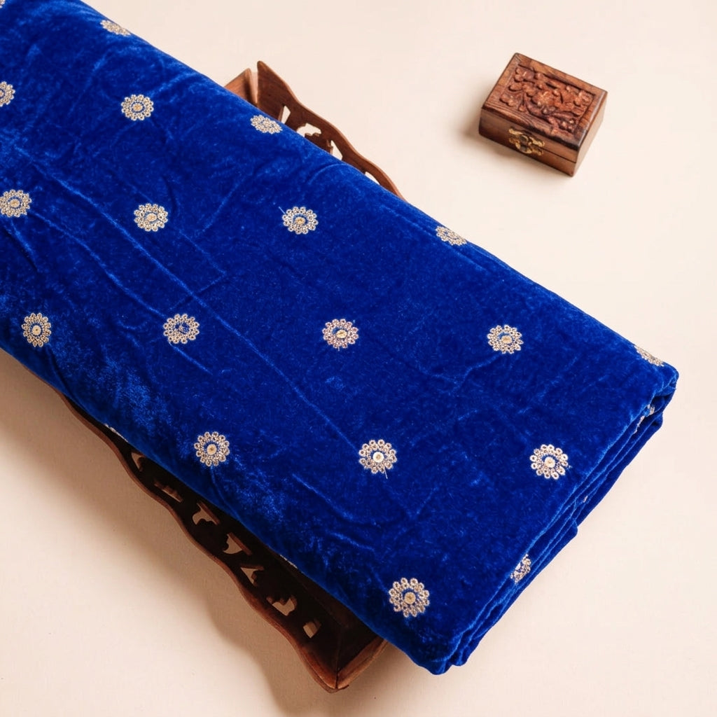 Embroider Blue Embroider Velvet Fabric on a wooden tray