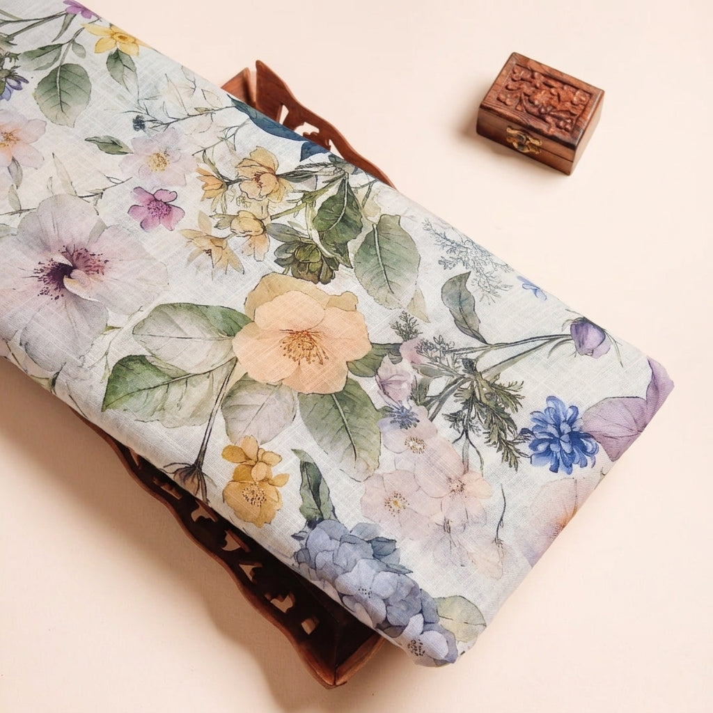 Cream Floral Linen Fabric - EA4475 – tray view