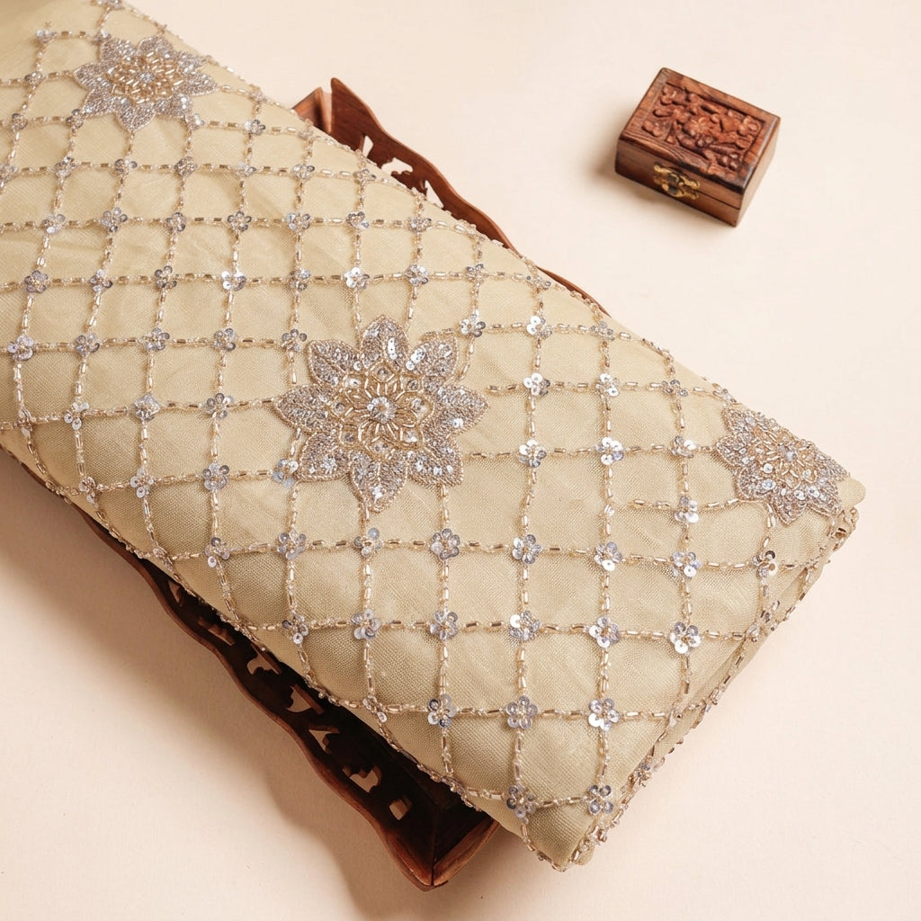 Gold Floral Embroidery Net Fabric - EA4774 – tray view