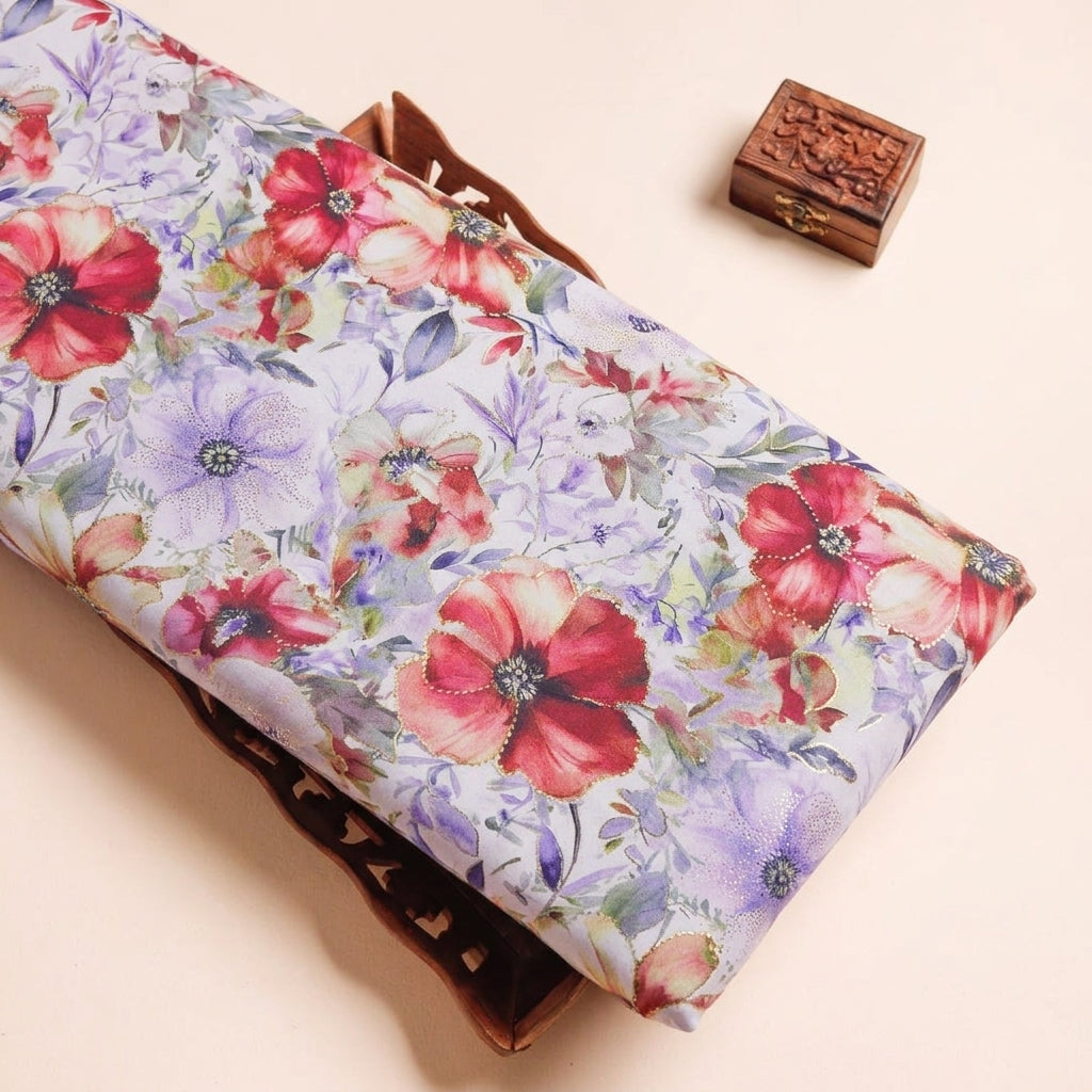 Floral White Floral Satin Fabric on a wooden tray
