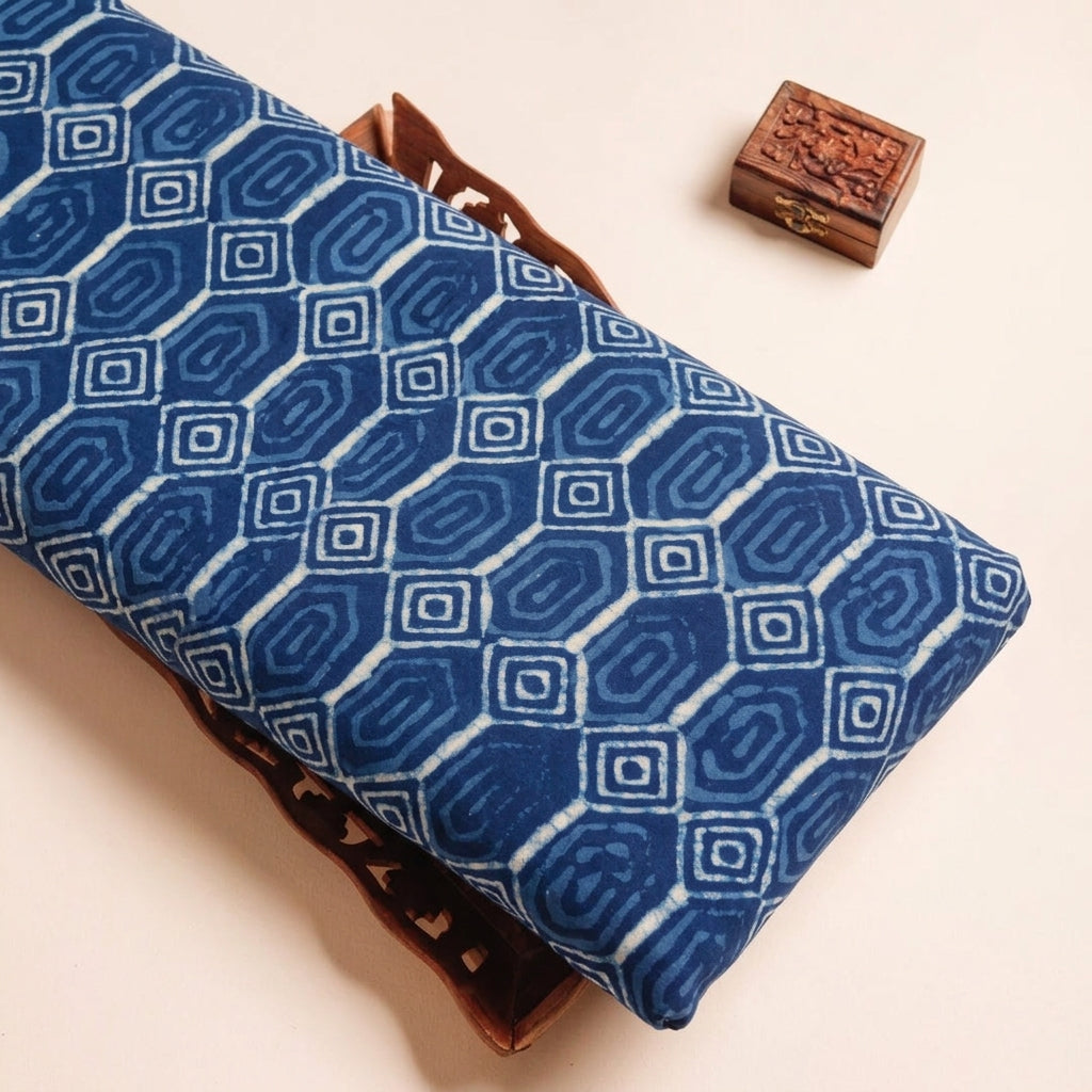 Block Print Indigo Block Print Cotton Fabric on a wooden tray