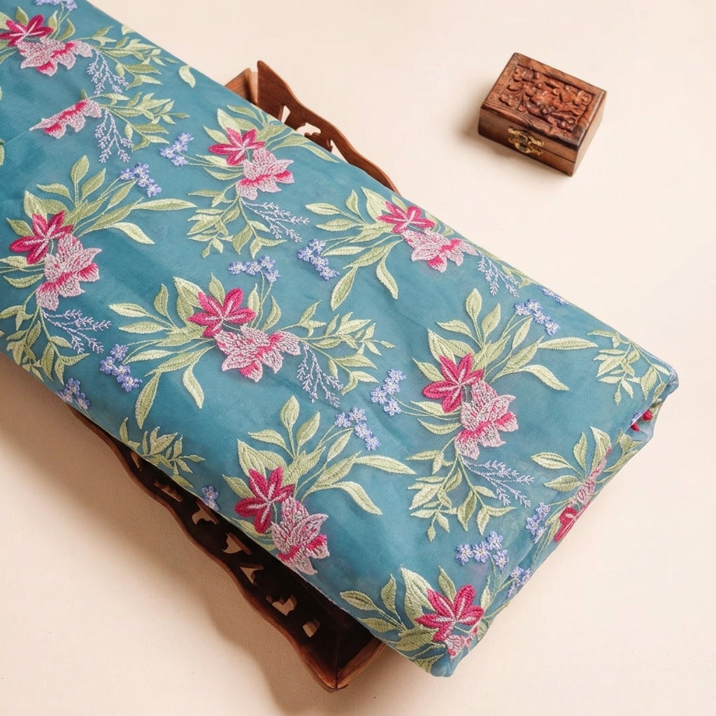 Floral Embroidery Georgette Fabric – tray view – EB13212