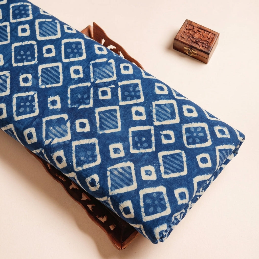 Ajrakh Indigo Ajrakh Cotton Fabric on a wooden tray