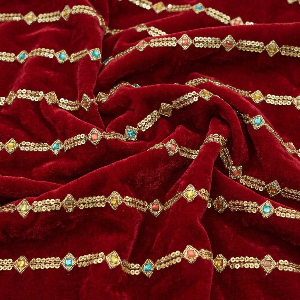 Swirled EMBROIDERY RED EMBROIDERY VELVET Fabric