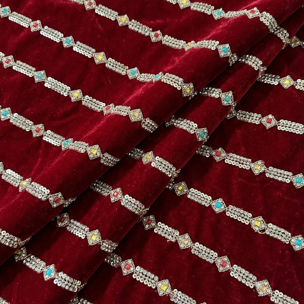 Folded EMBROIDERY RED EMBROIDERY VELVET Fabric