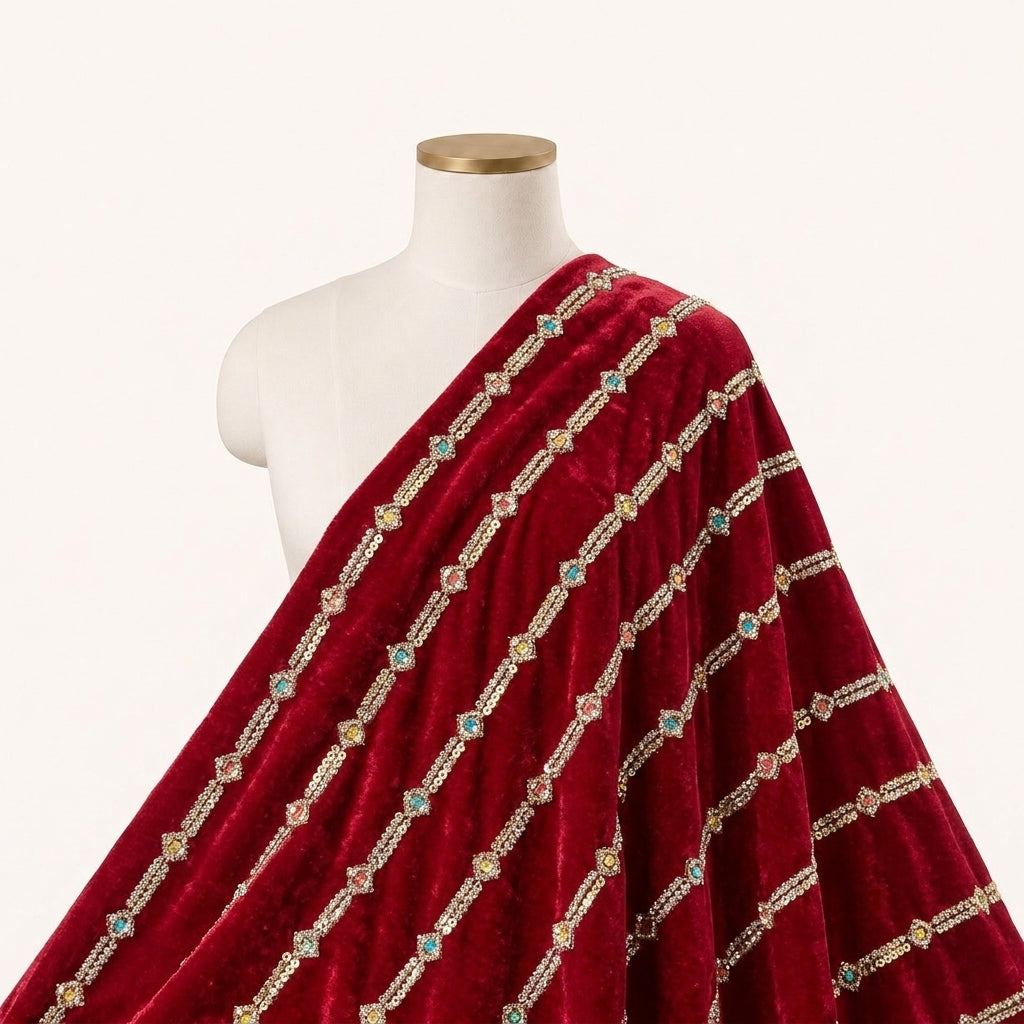 EMBROIDERY RED EMBROIDERY VELVET Fabric Draped as a saree