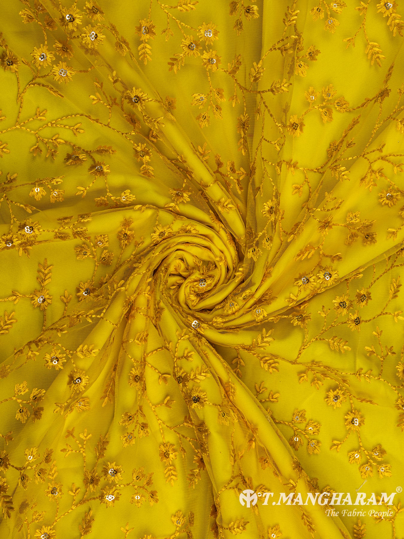Mustard Yellow Net Embroidery Fabric - EC6113 view-1