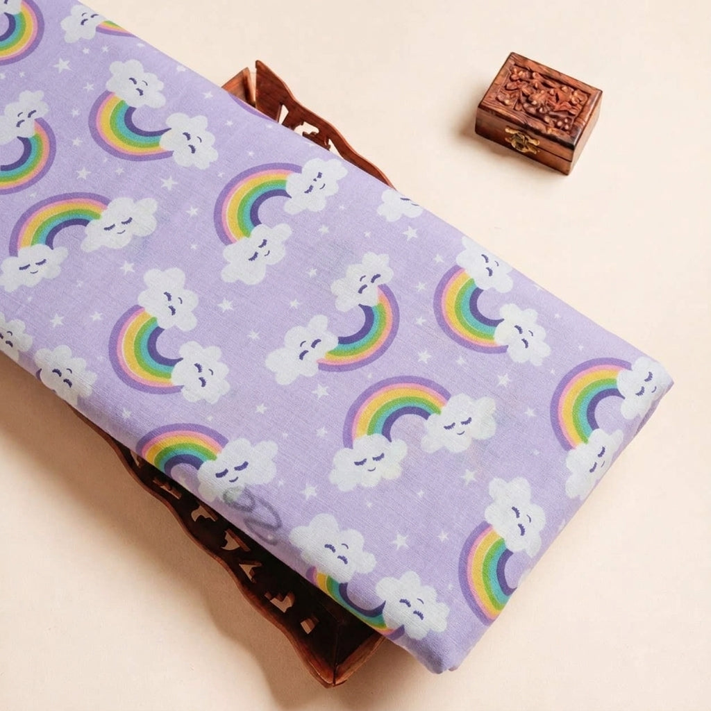 Folded Violet Printed Cotton Fabric Highlighting Kids and Texture