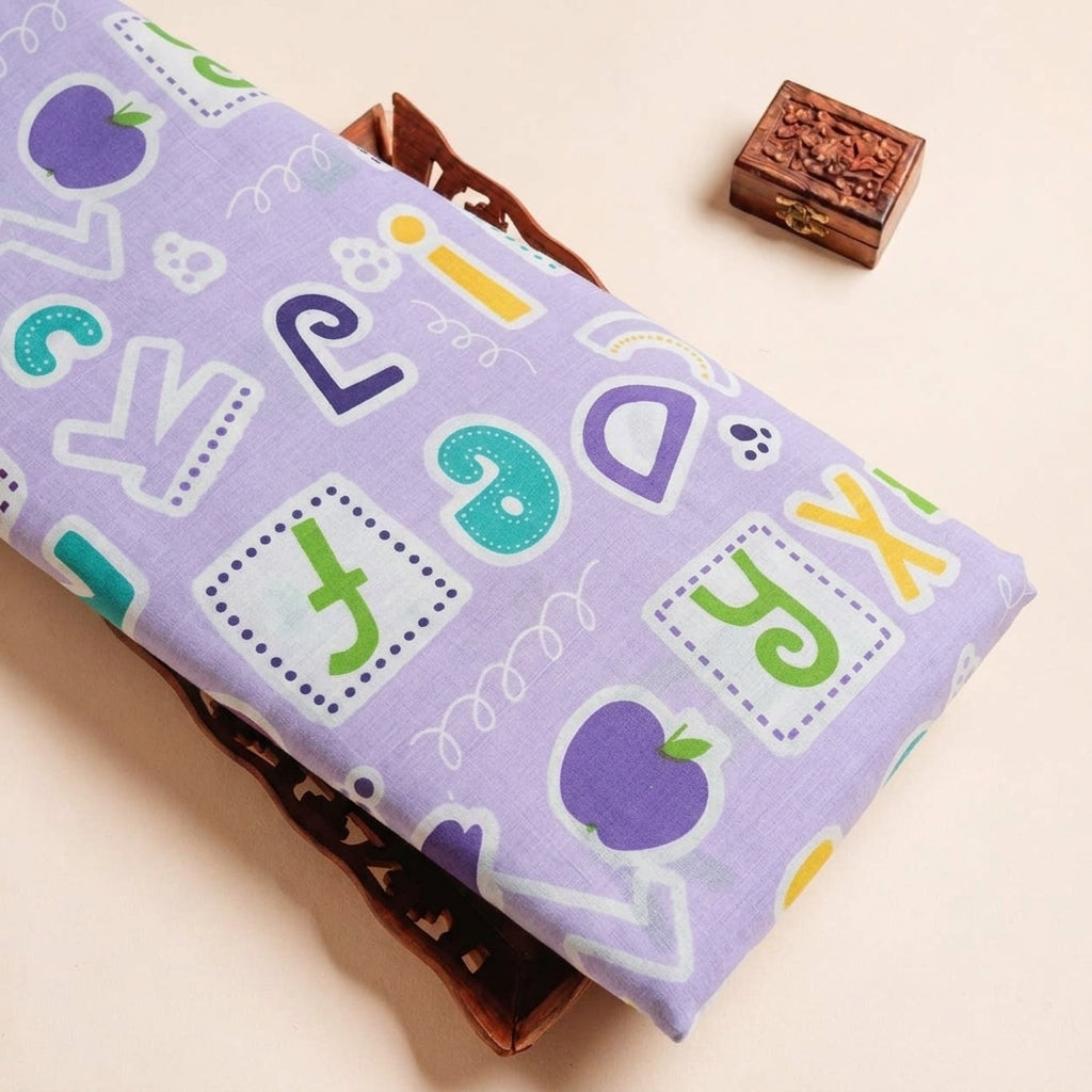Folded Violet Printed Cotton Fabric Highlighting Kids and Texture