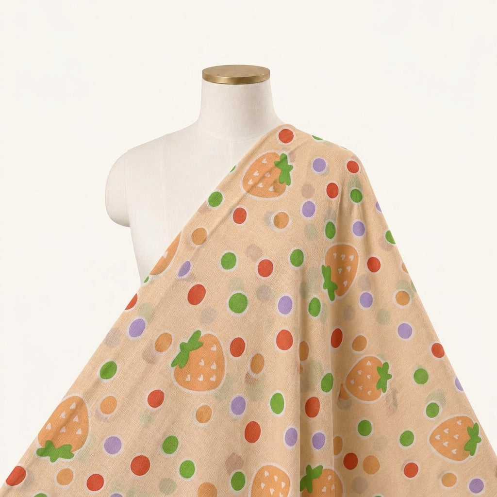 Printed Peach Printed Cotton Fabric Draped as a saree