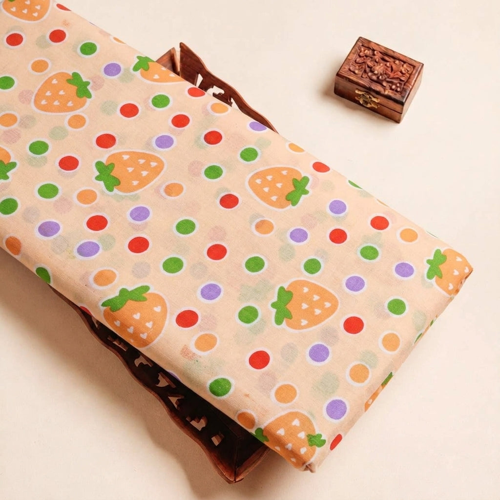 Folded Peach Printed Cotton Fabric Highlighting Kids and Texture