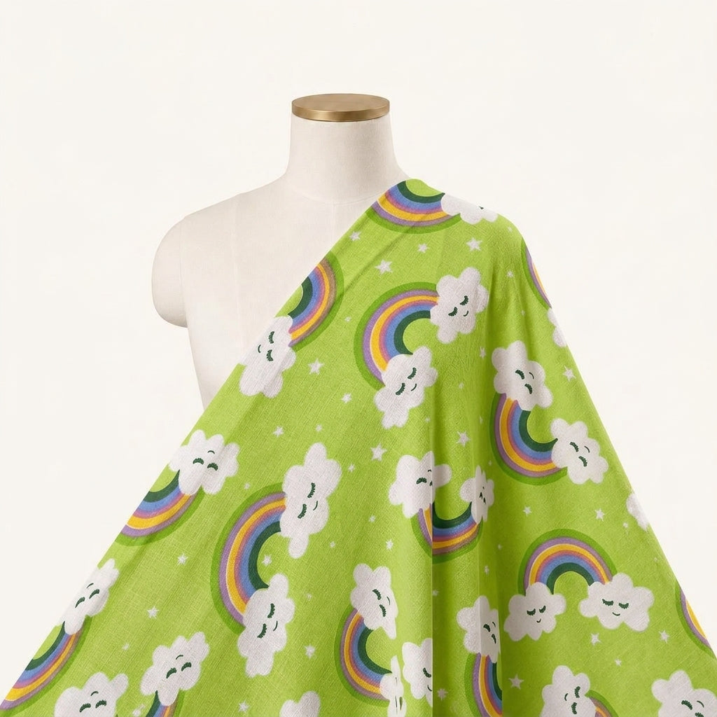 Printed Green Printed Cotton Fabric Draped as a saree