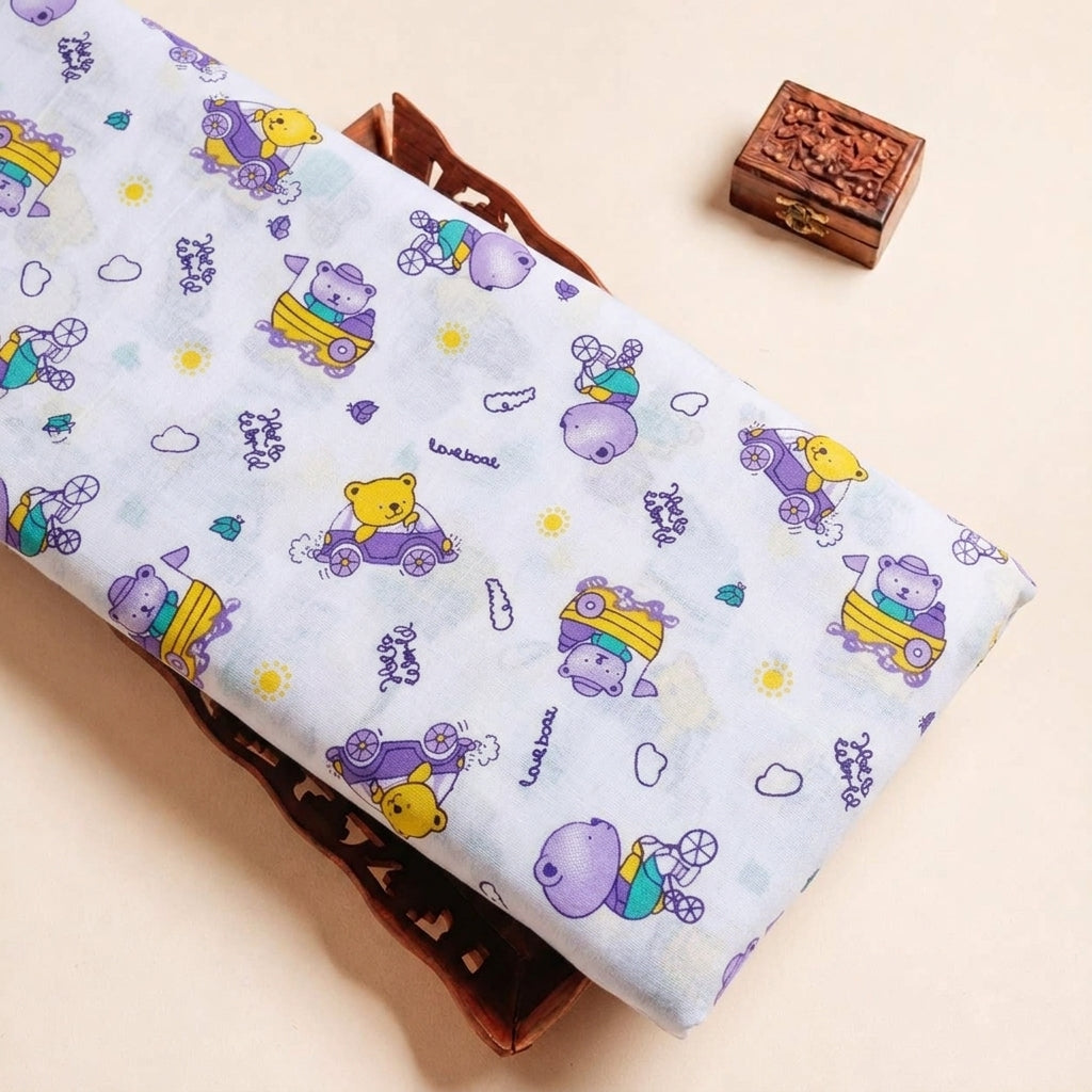 Folded White Printed Cotton Fabric Highlighting Kids and Texture