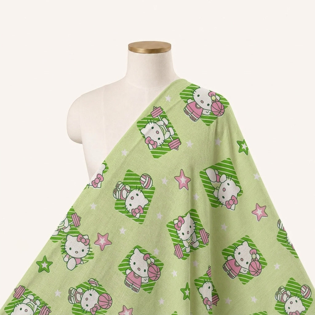 Printed Green Printed Cotton Fabric Draped as a saree