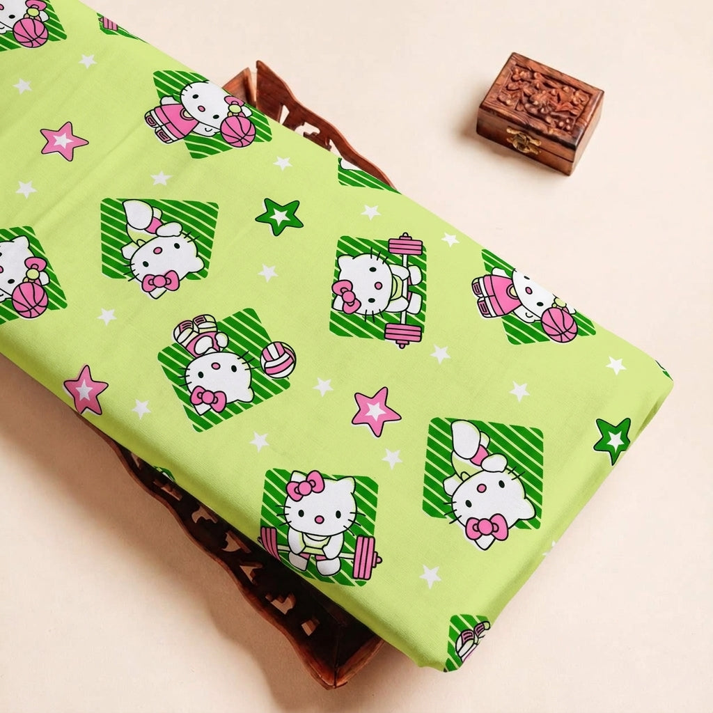 Folded Green Printed Cotton Fabric Highlighting Kids and Texture