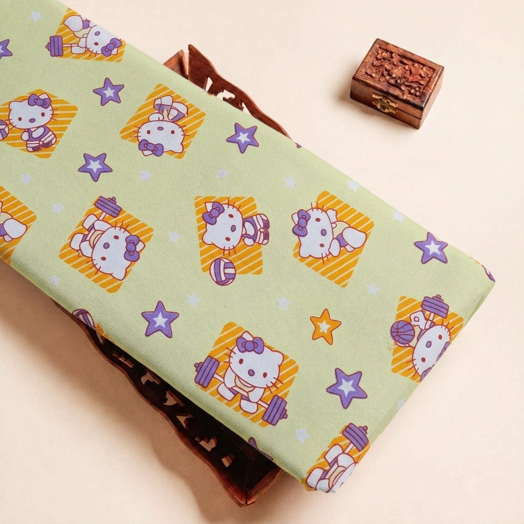 Folded Light Yellow Printed Cotton Fabric Highlighting Kids and Texture