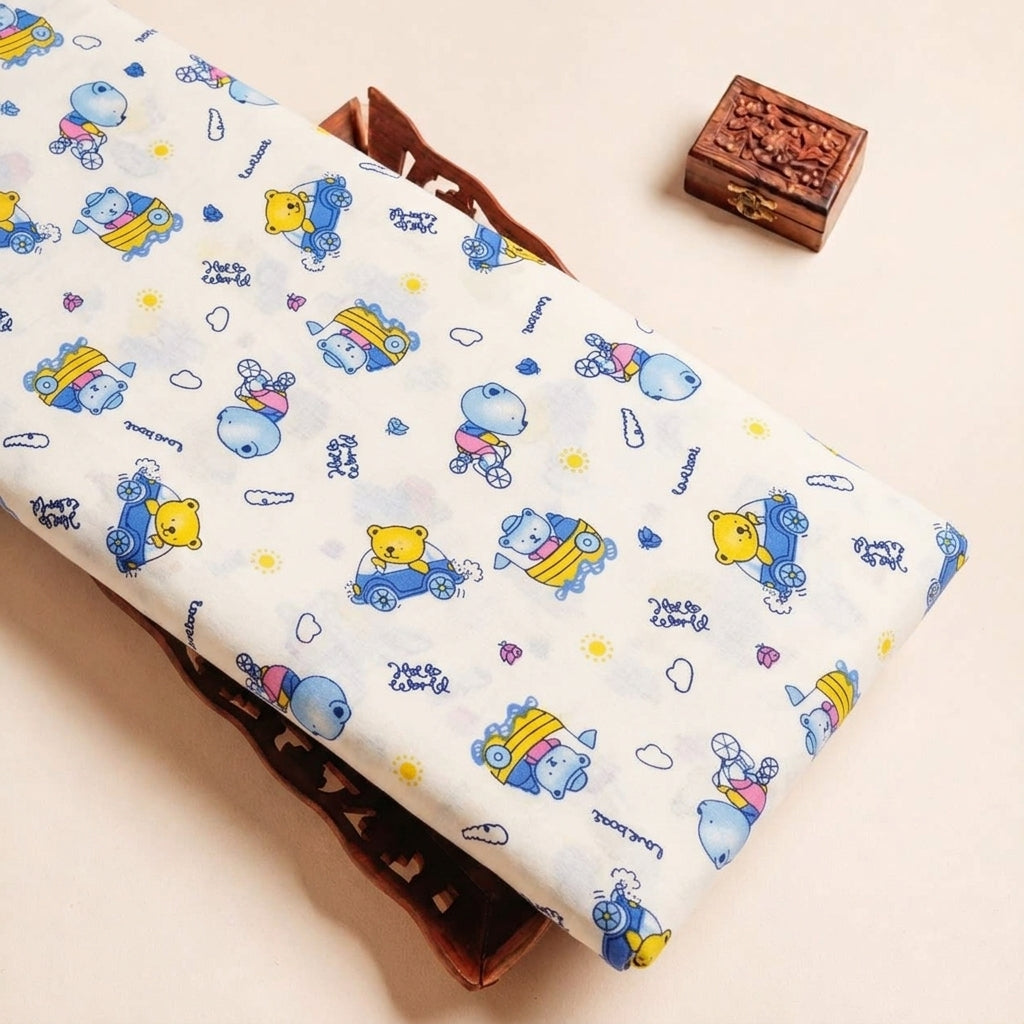 Folded White Printed Cotton Fabric Highlighting Kids and Texture