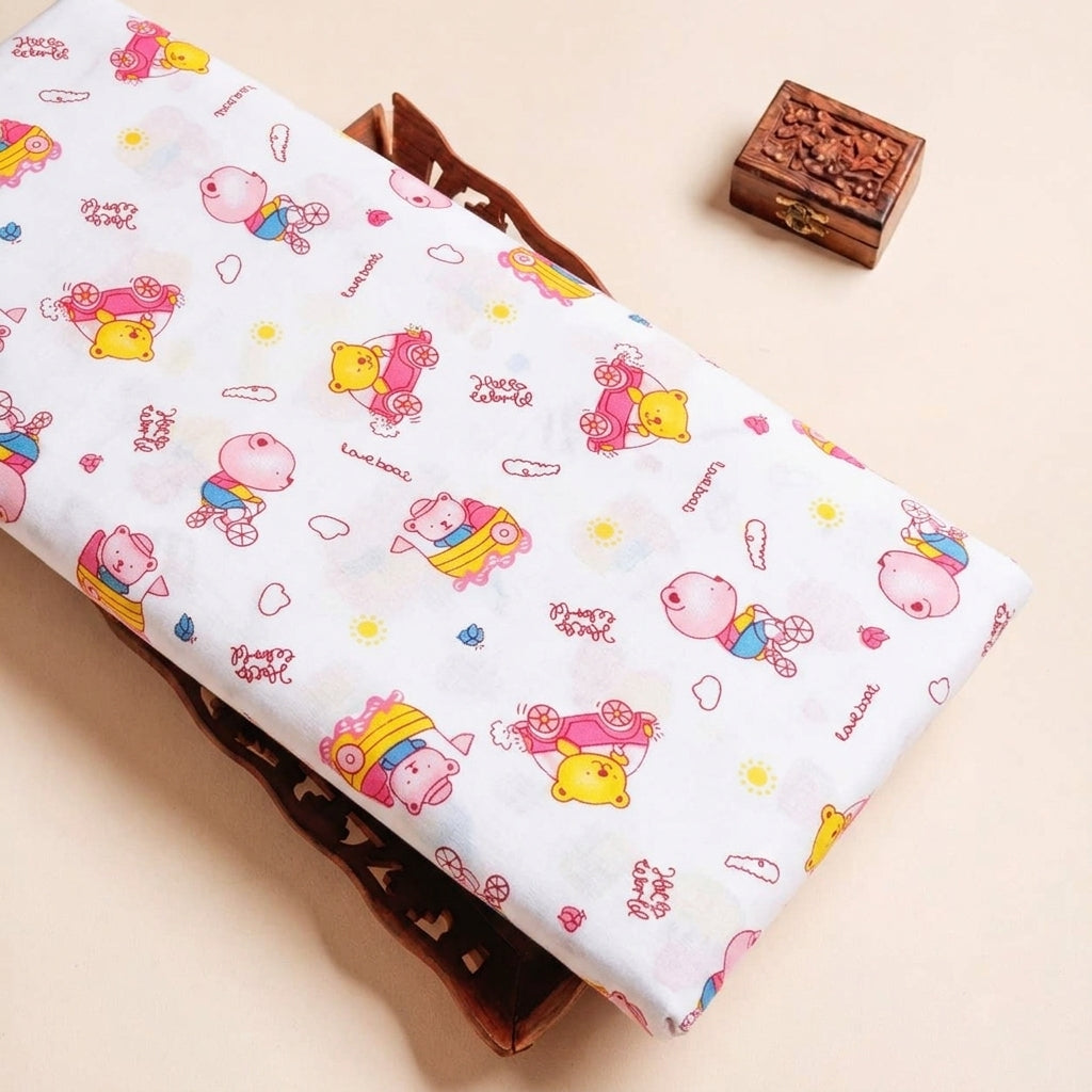 Folded White Printed Cotton Fabric Highlighting Kids and Texture