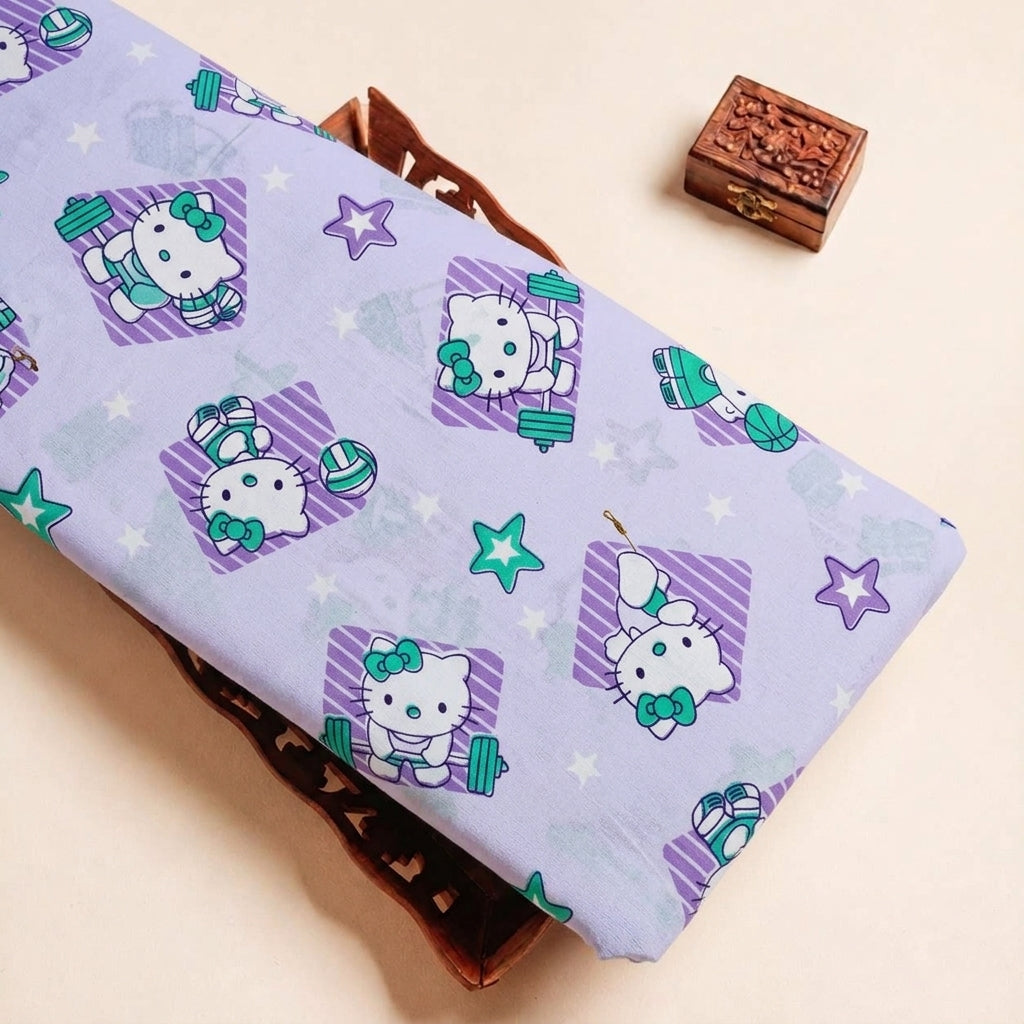 Folded Violet Printed Cotton Fabric Highlighting Kids and Texture