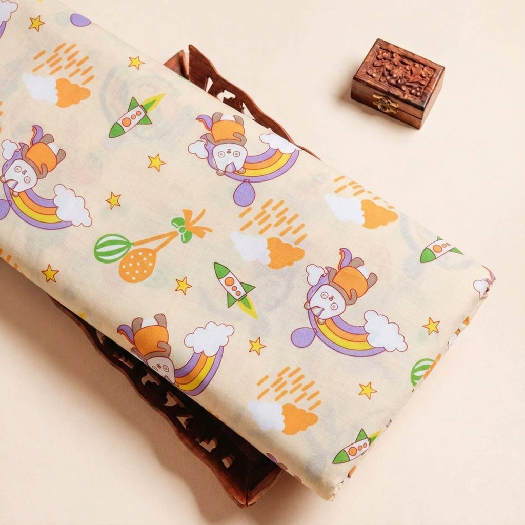 Folded Light Peach Printed Cotton Fabric Highlighting Kids and Texture