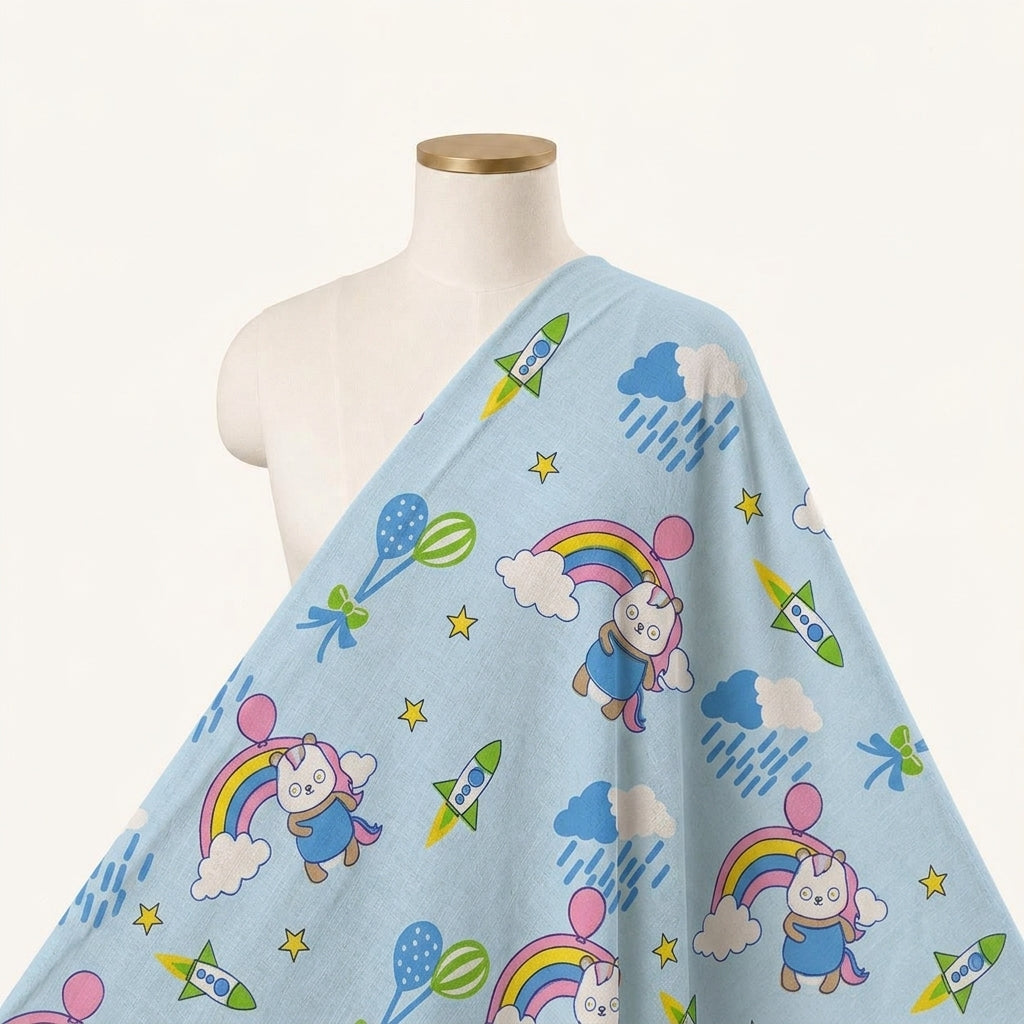 Printed Blue Printed Cotton Fabric Draped as a saree