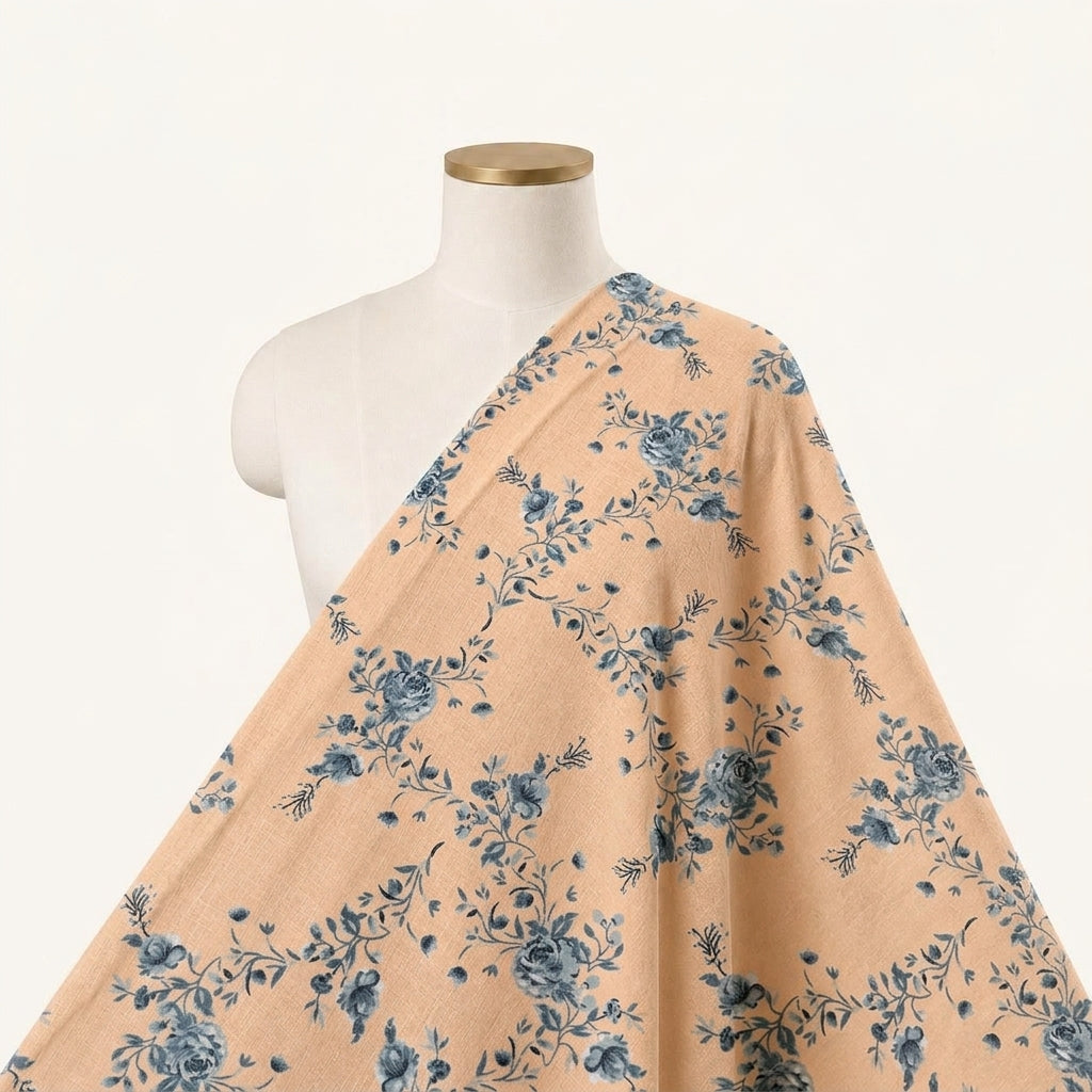 Floral Light Peach Floral Cotton Fabric Draped as a saree