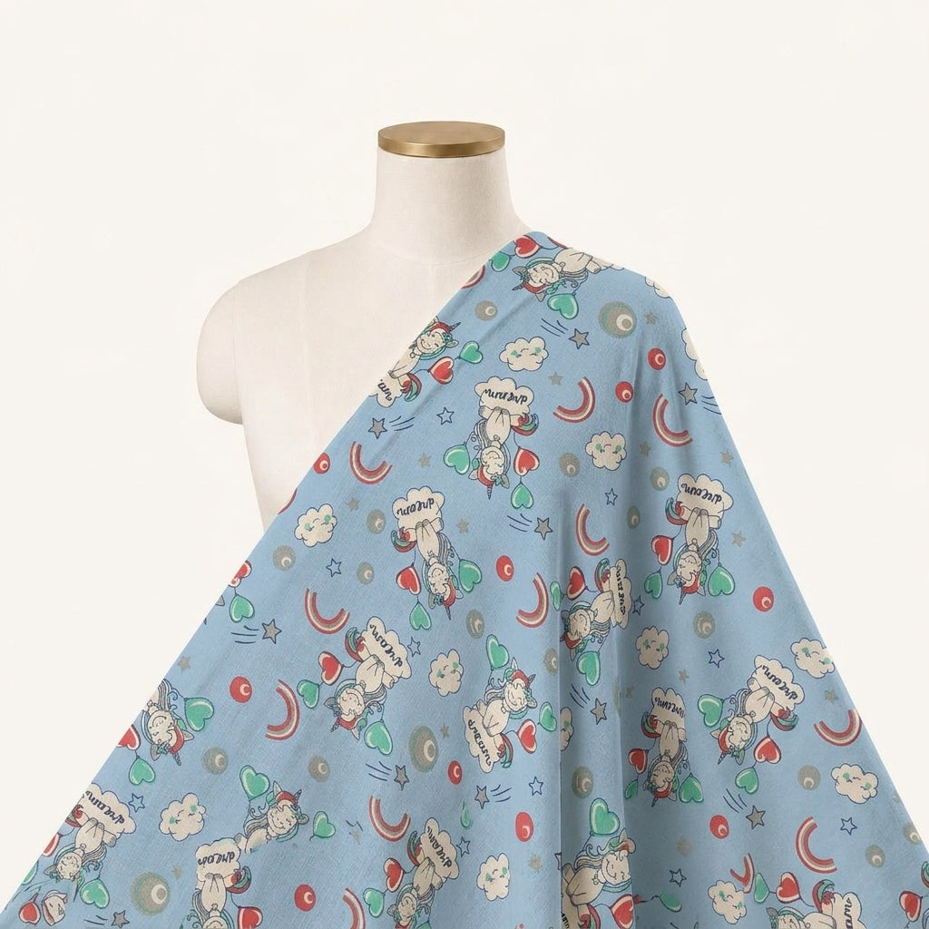 Printed Blue Printed Cotton Fabric Draped as a saree