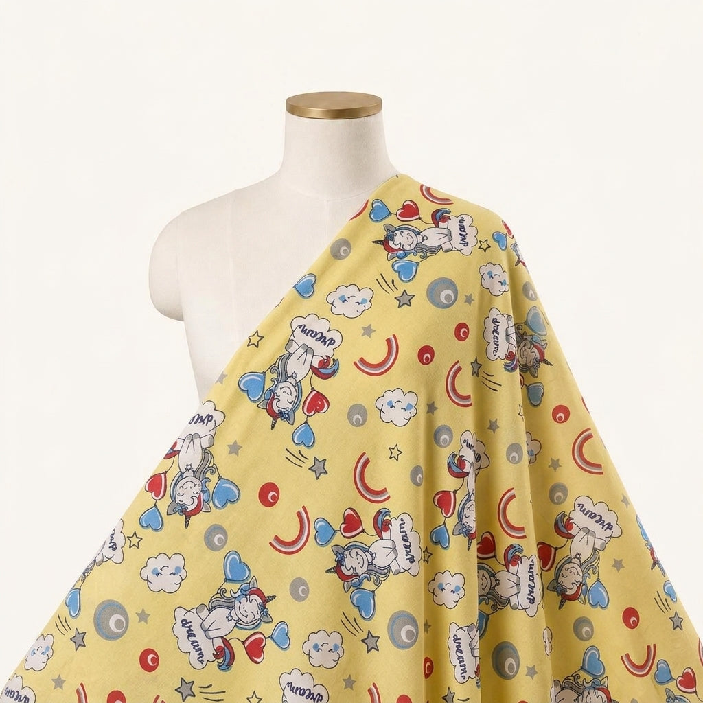Printed Yellow Printed Cotton Fabric Draped as a saree