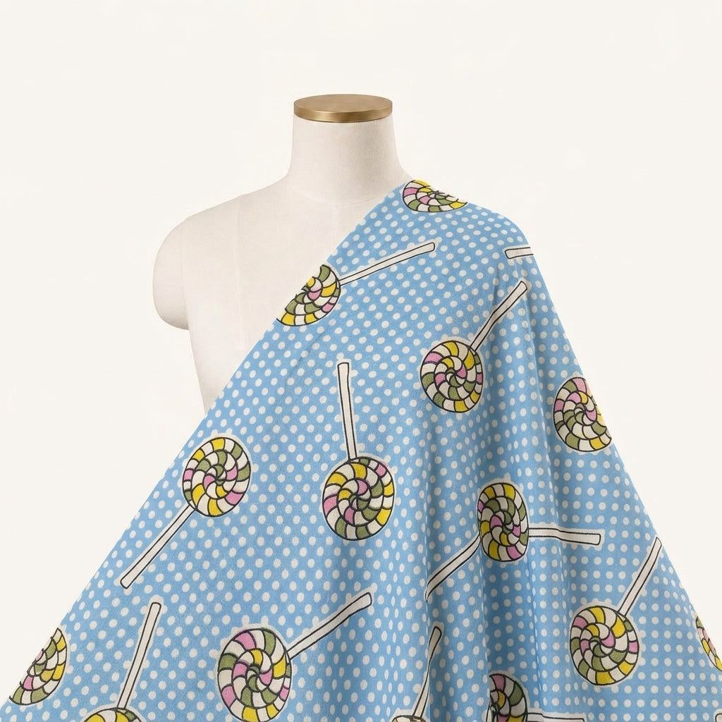 Printed Blue Printed Cotton Fabric Draped as a saree
