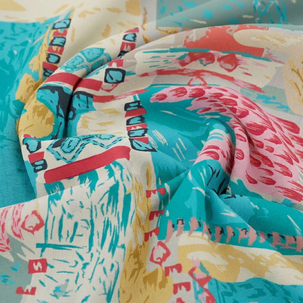 Swirled Abstract Blue Abstract Crepe Fabric