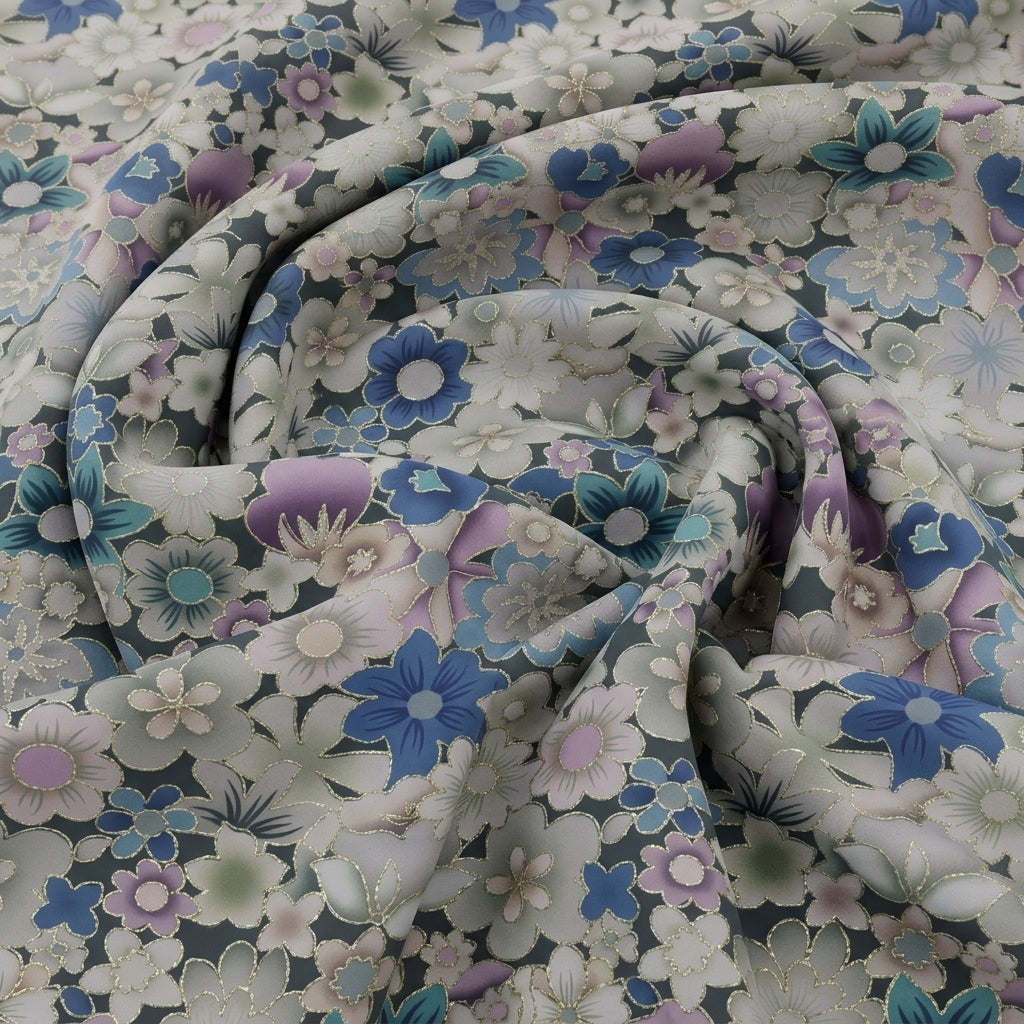 A close-up of draped floral fabric with a dense multicolor print featuring blue, purple, pink, and white flowers on a dark gray background.