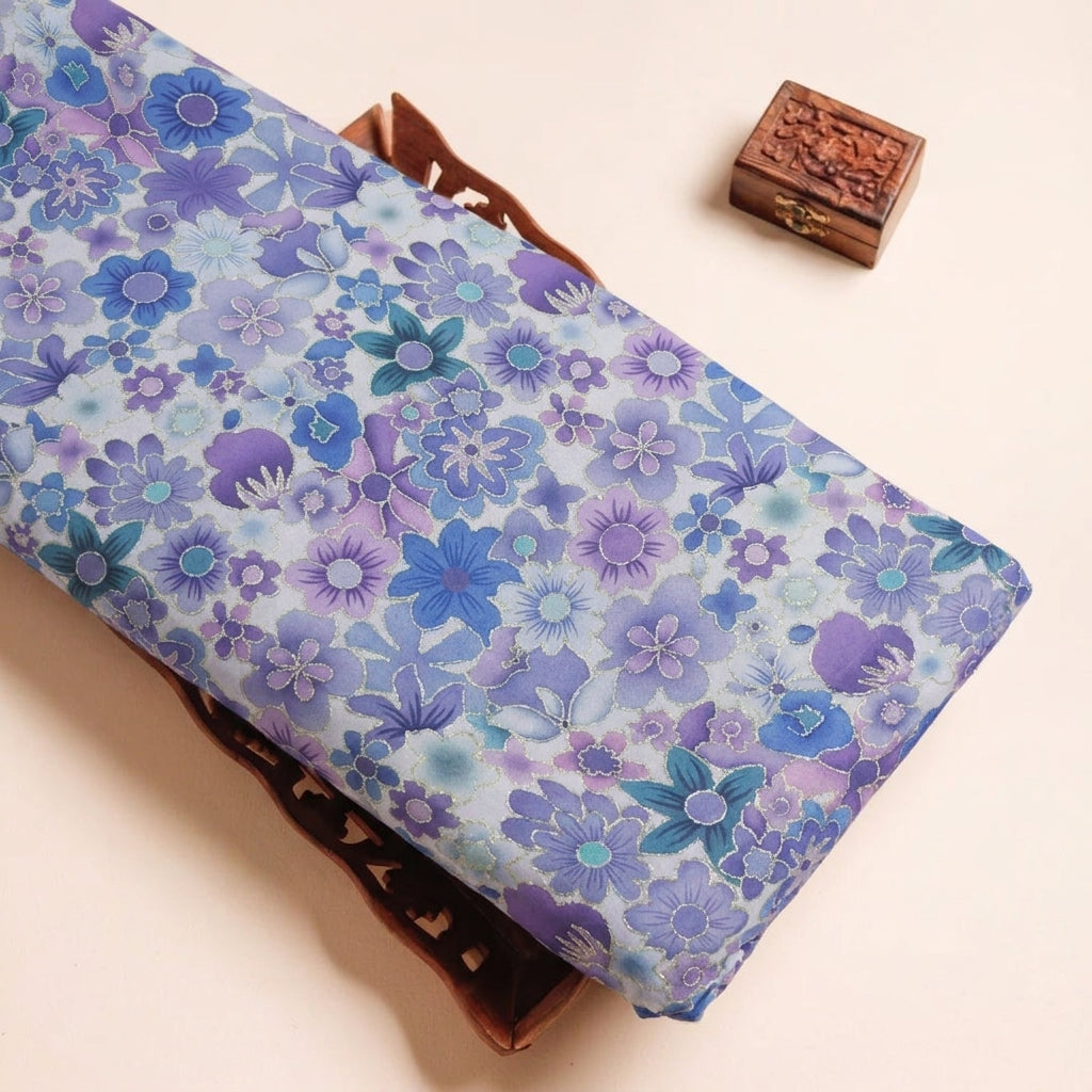 Embroidery Violet Embroidery Crepe Fabric on a wooden tray