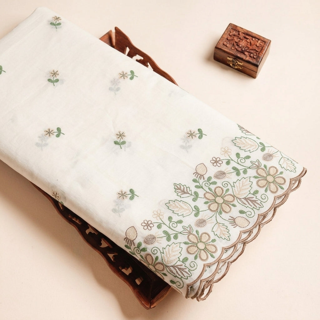 White Floral Embroidery Cotton Fabric - EA3901