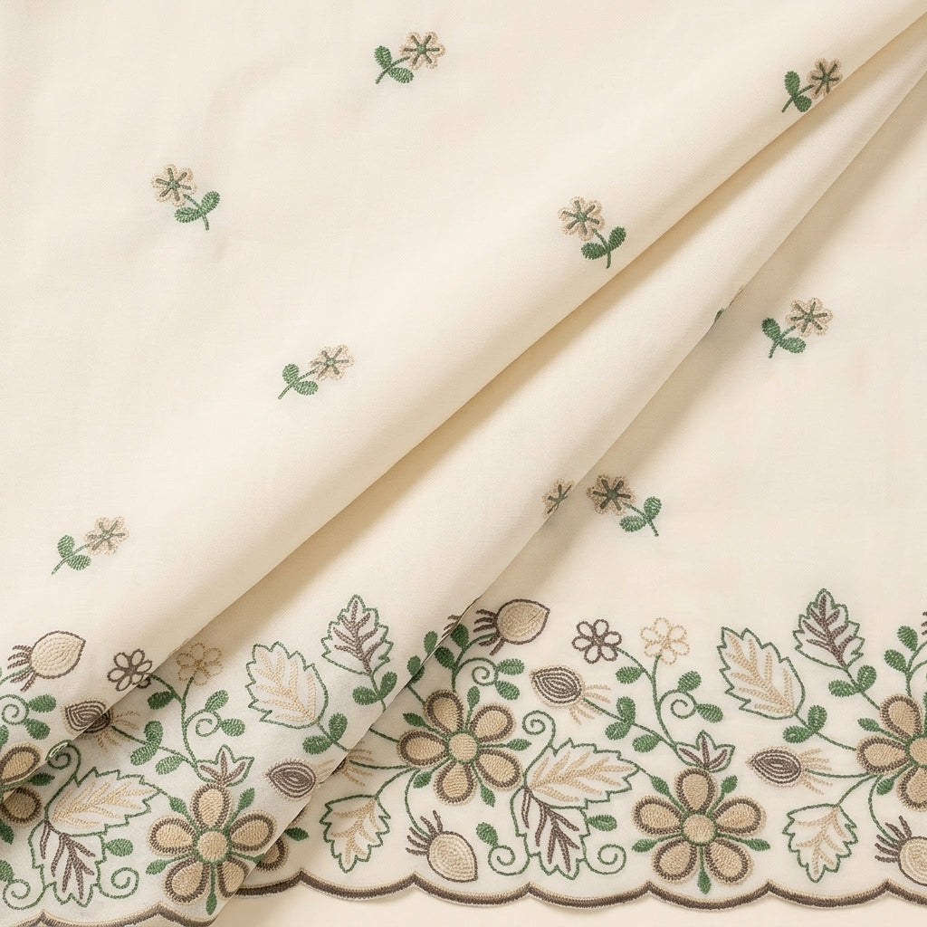 White Floral Embroidery Cotton Fabric - EA3901