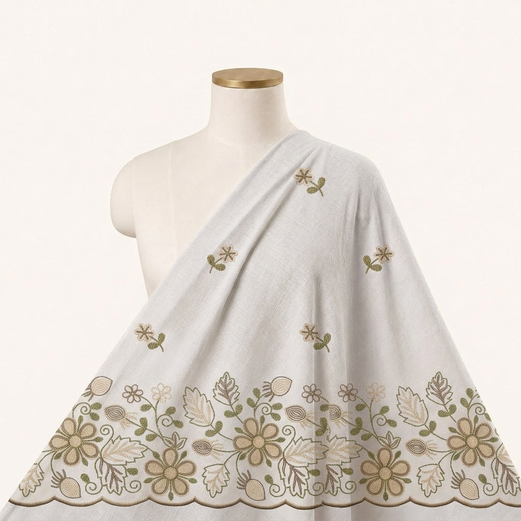 White Floral Embroidery Cotton Fabric - EA3901