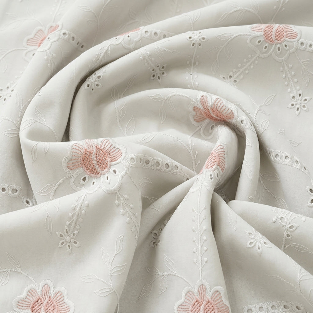 Swirled Embroidery White Embroidery Cotton Fabric