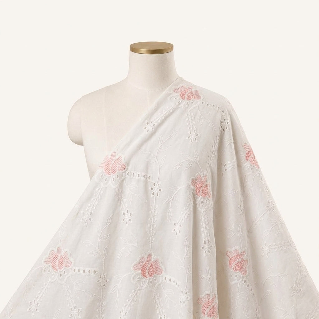 Embroidery White Embroidery Cotton Fabric Draped as a saree