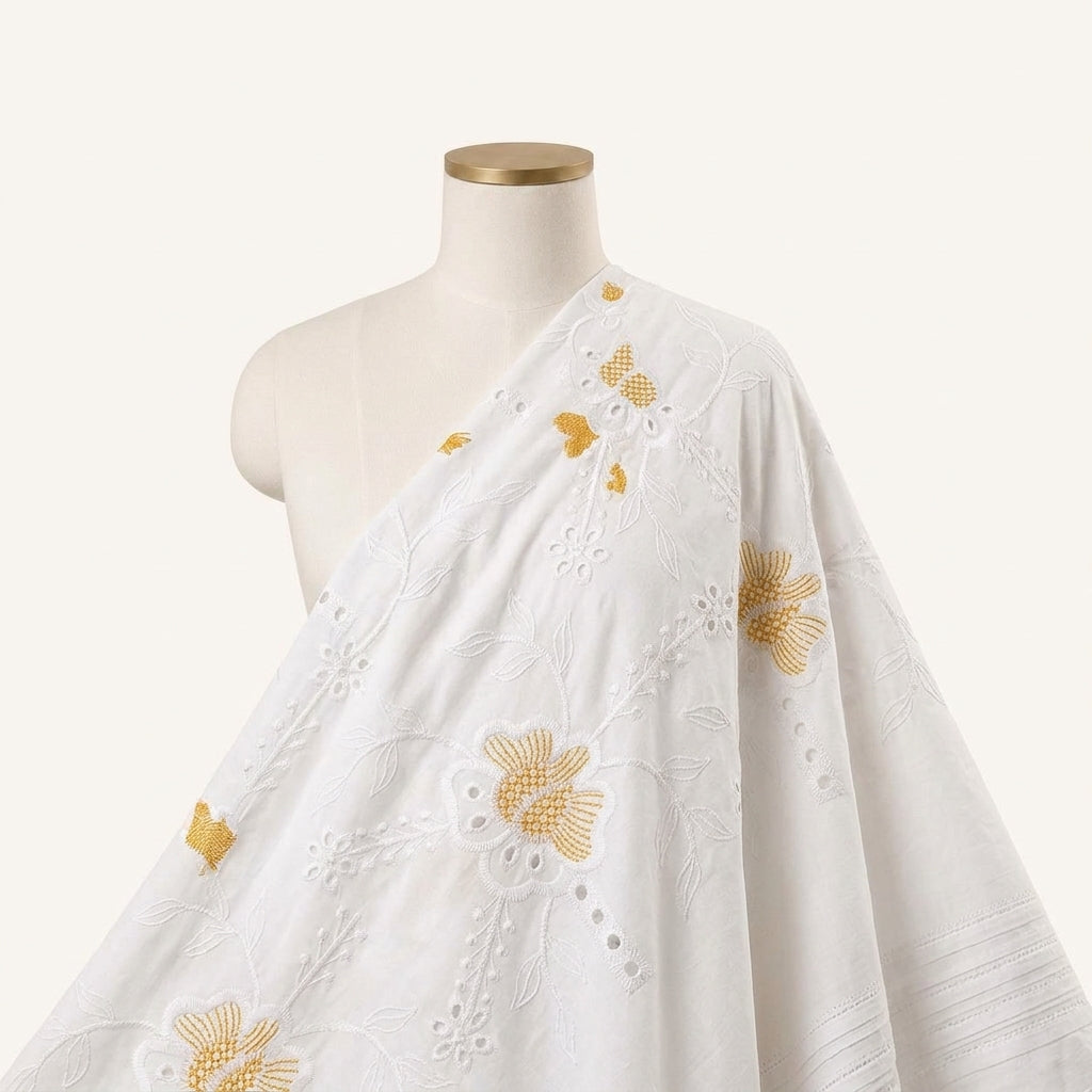 Embroidery White Embroidery Cotton Fabric Draped as a saree