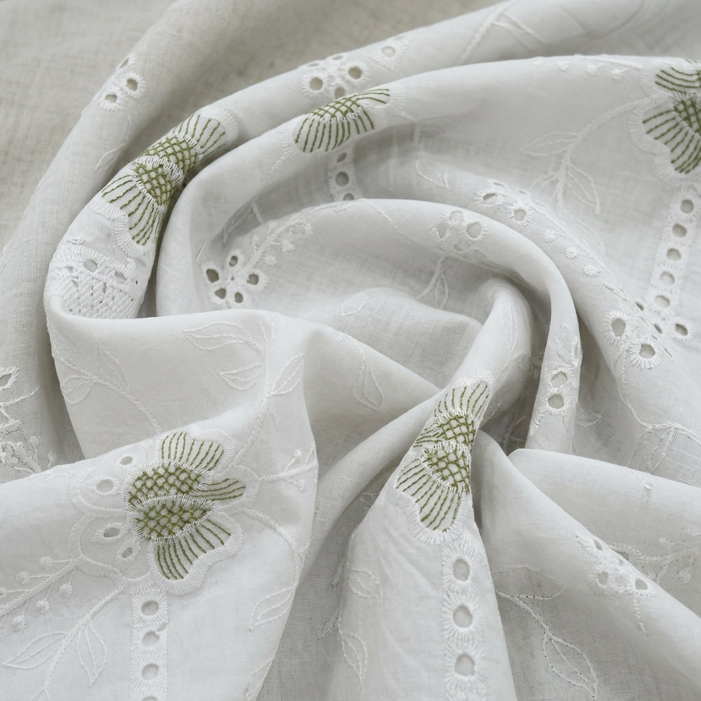 Swirled Embroidery White Embroidery Cotton Fabric