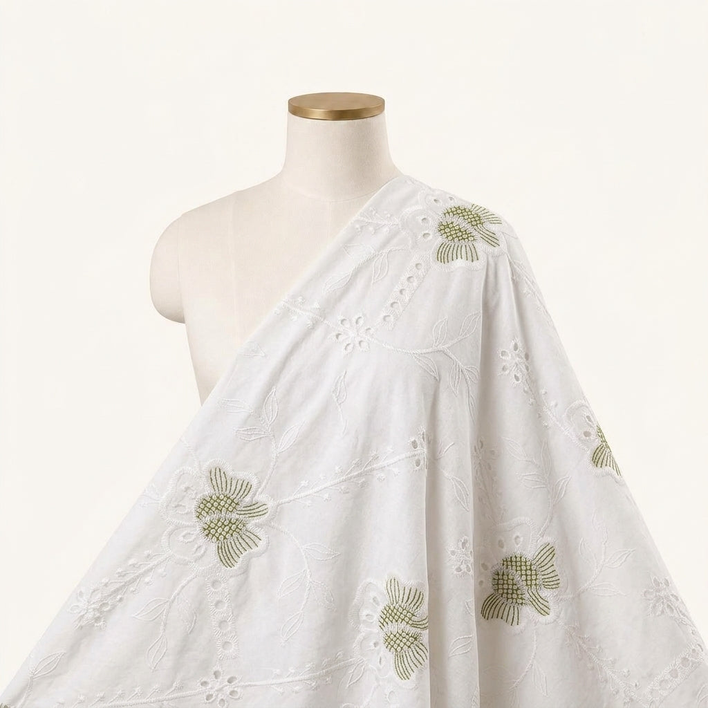 Embroidery White Embroidery Cotton Fabric Draped as a saree