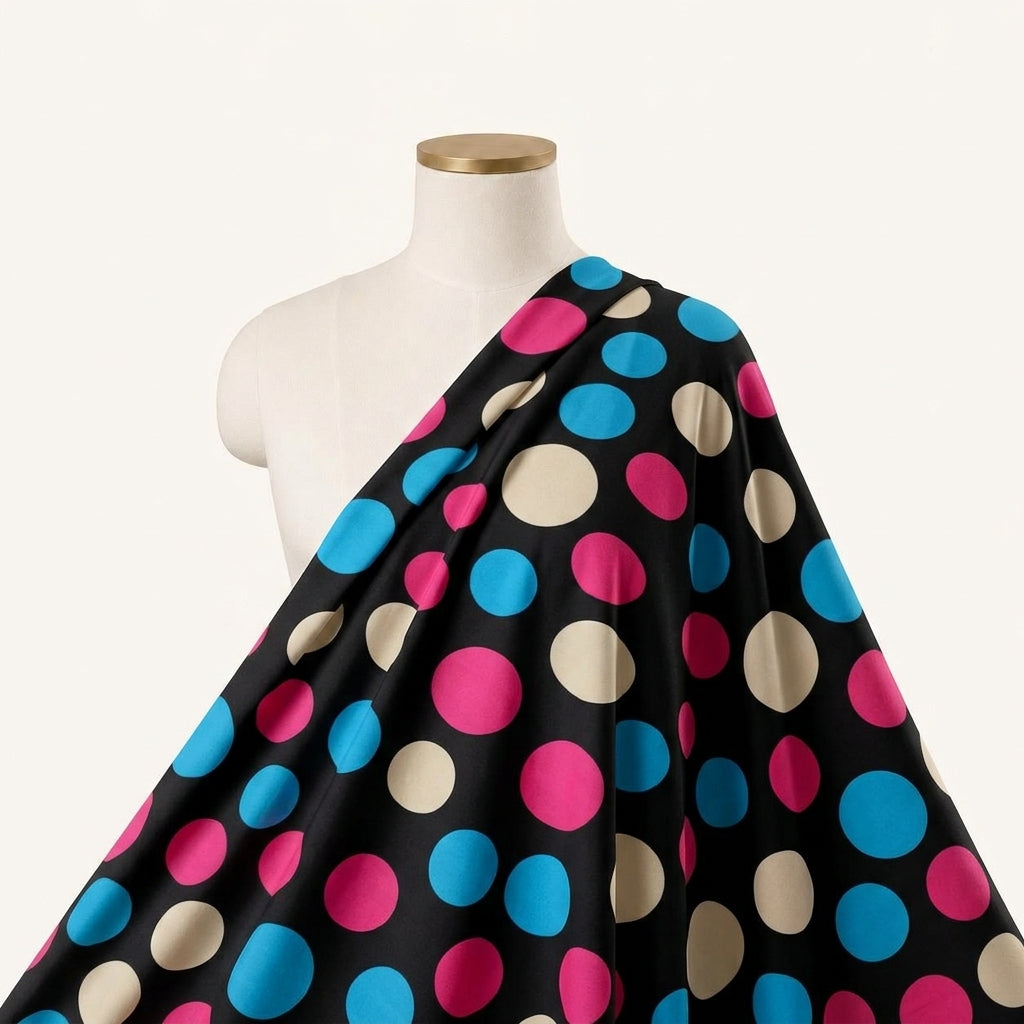 Polka Dots Black Polka Dots Lycra Fabric Draped as a saree
