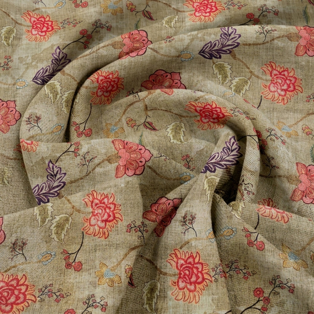 Swirled Floral Beige Floral Crepe Fabric