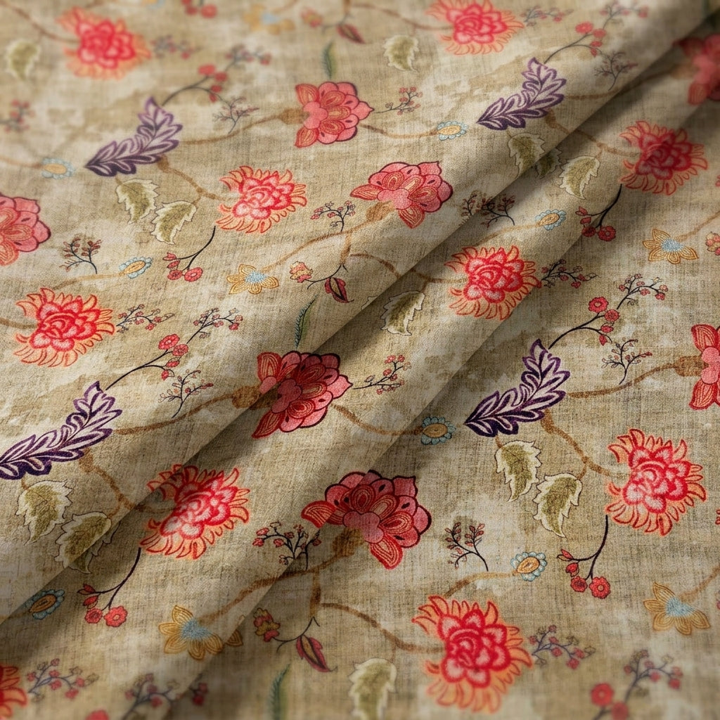Folded Floral Beige Floral Crepe Fabric