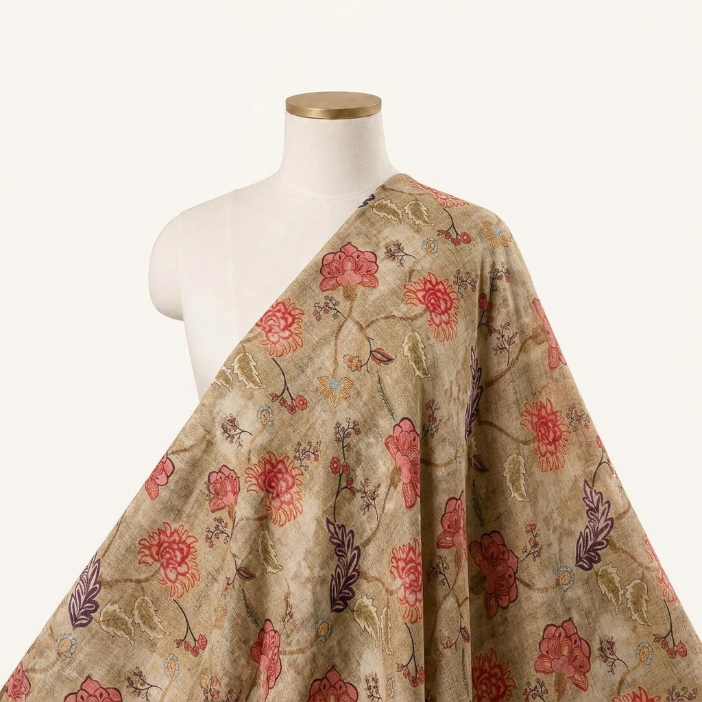 Floral Beige Floral Crepe Fabric Draped as a saree
