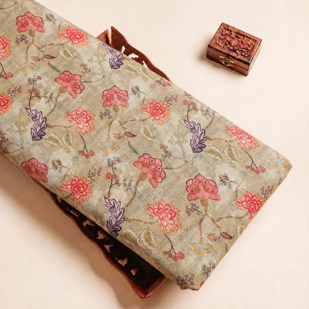 Folded Beige Floral Crepe Fabric Highlighting and Texture