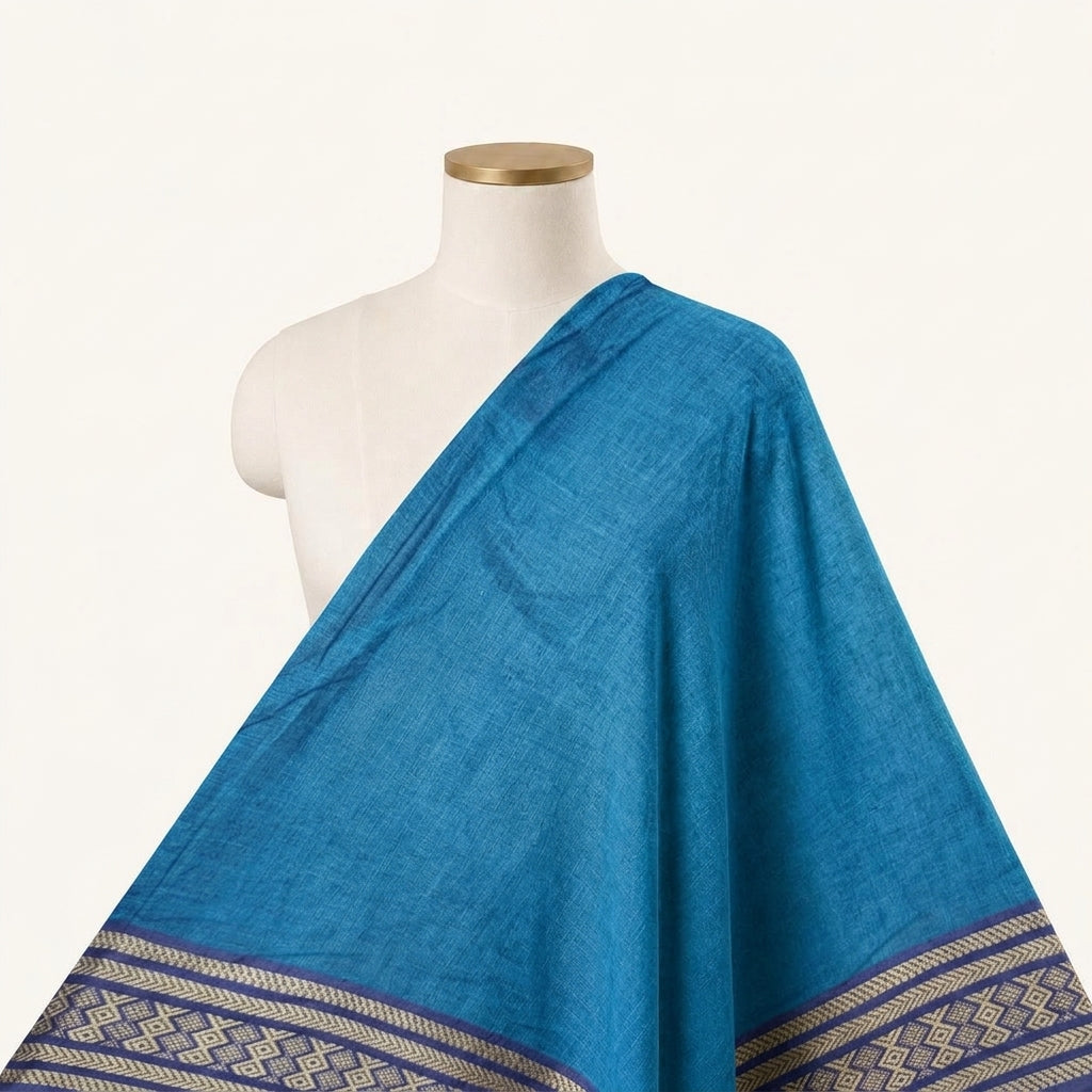Blue Zari Border Cotton Fabric - EA4301 - EA4301 - saree_drape