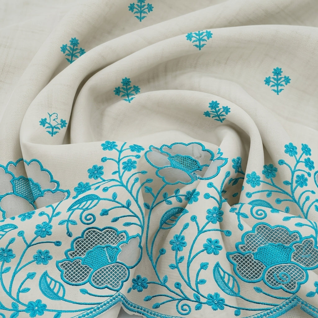 Cream Floral Embroidery Cotton Fabric