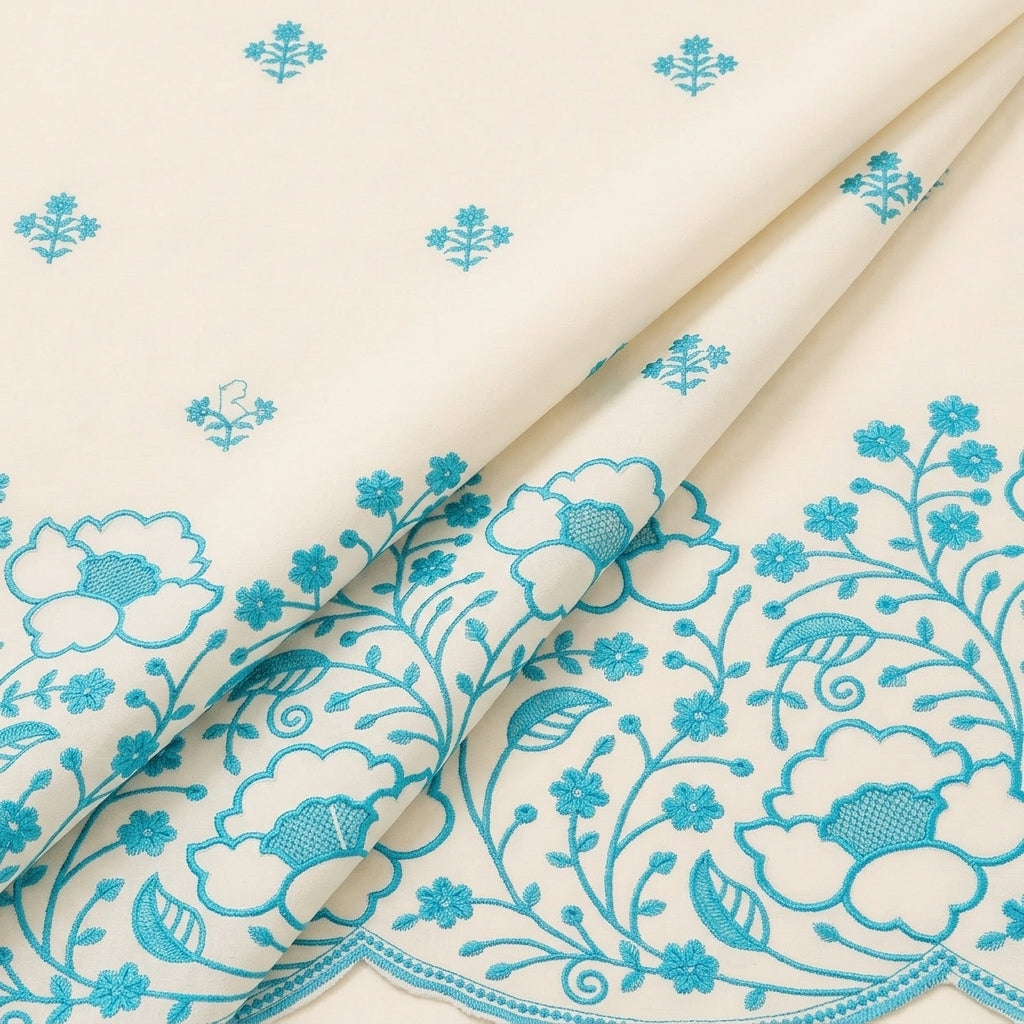 Cream Floral Embroidery Cotton Fabric