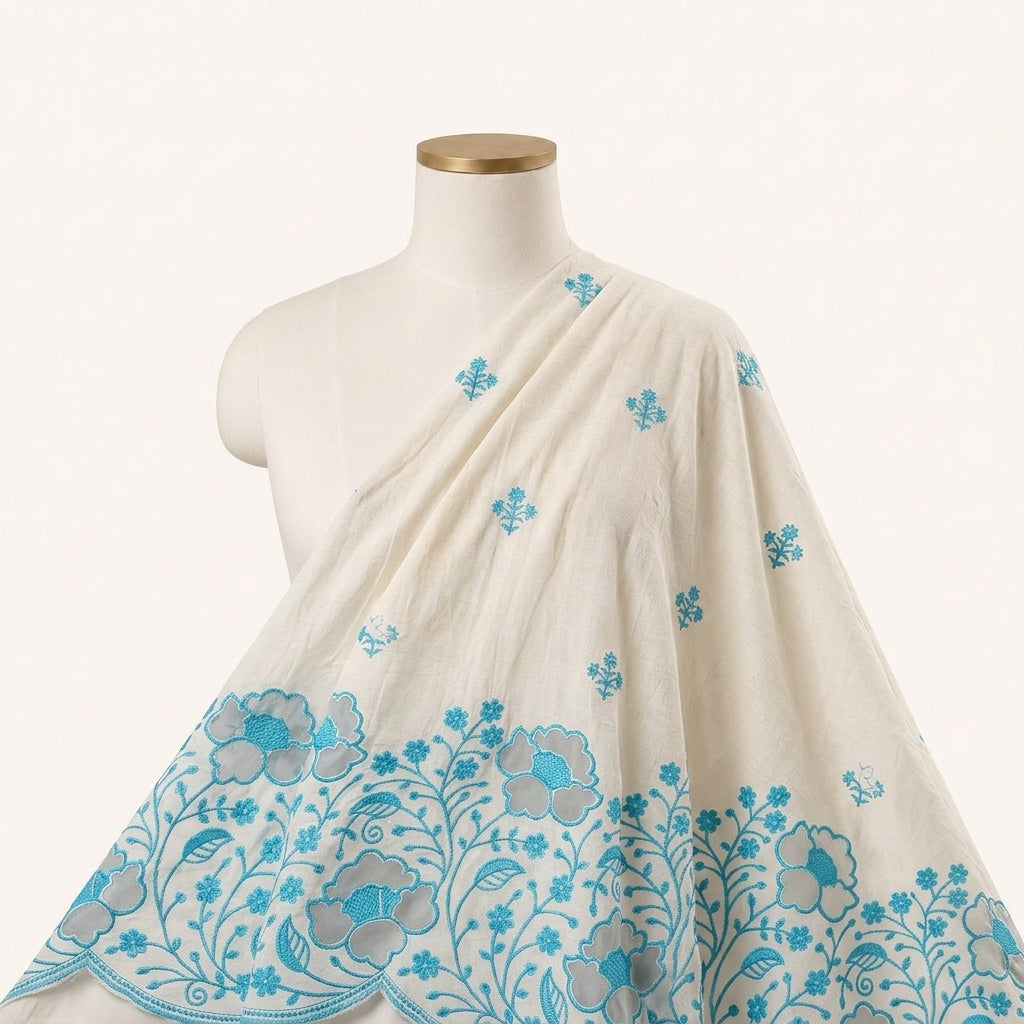 Cream Floral Embroidery Cotton Fabric