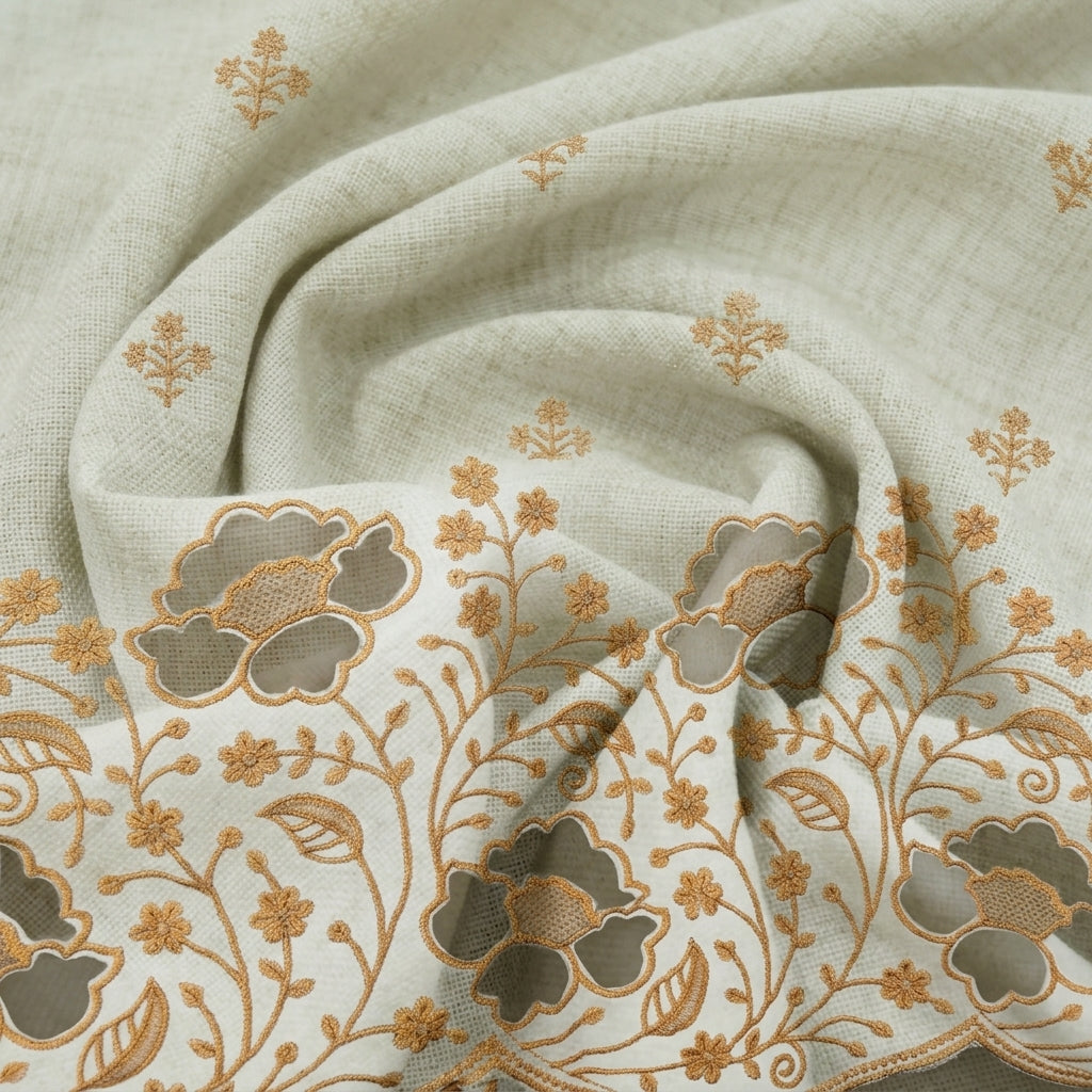 Cream Floral Embroidery Cotton Fabric